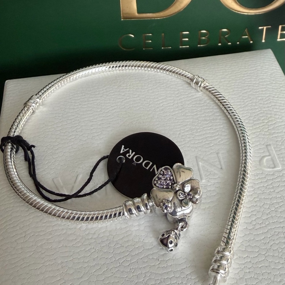 Pandora Silver And Purple CZ Flower Clasp Charm Bracelet